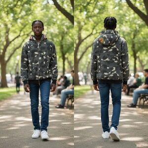 A Bathing Ape BAPE Shark Full Zip Hoodie Grey Camo Tiger Graphic Kids Size M